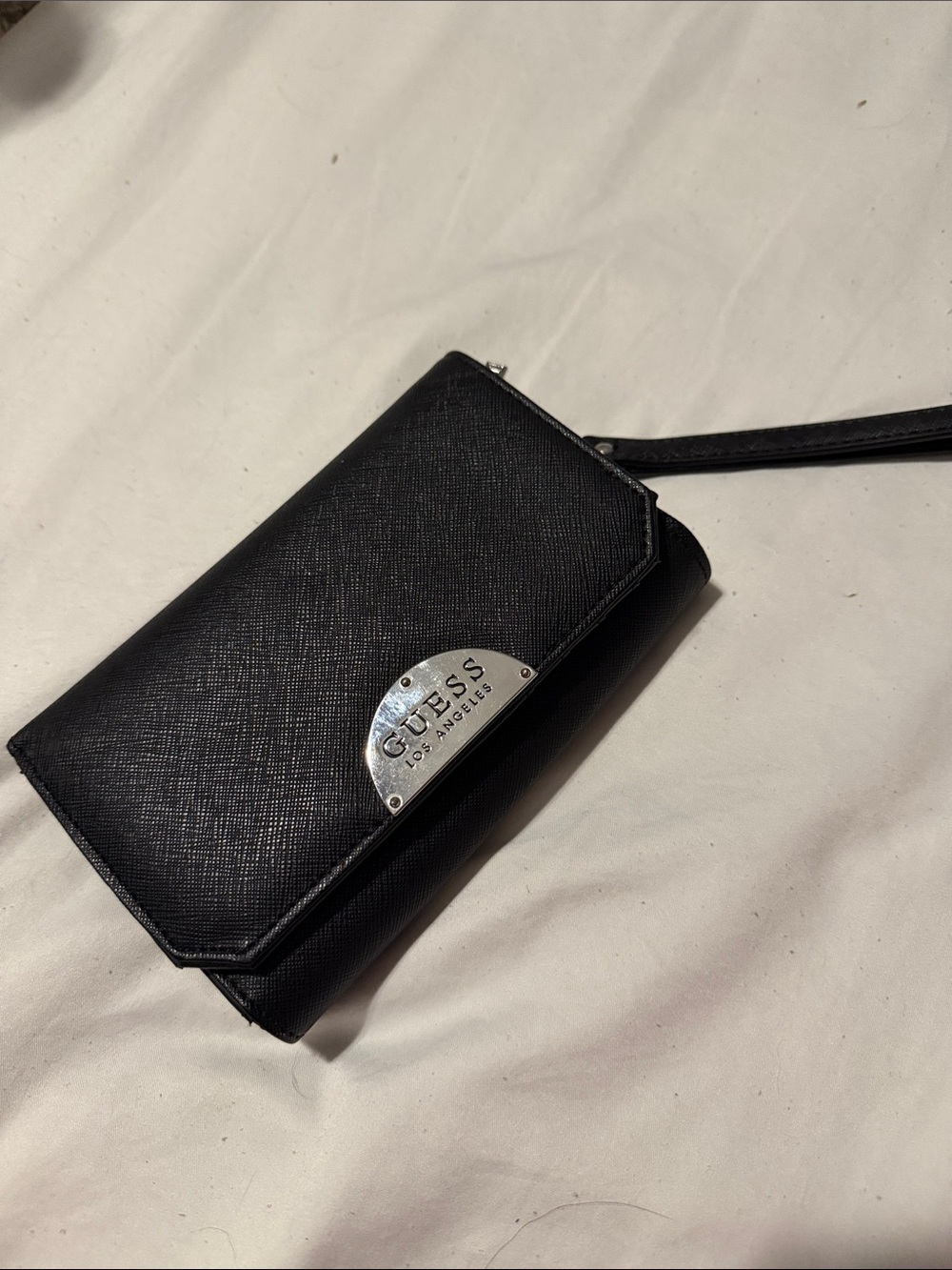 GUESS Black Wristlet Clutch with Silver Logo Plate